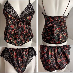 Myonne black floral satin camisole and lace trim flutter panty set